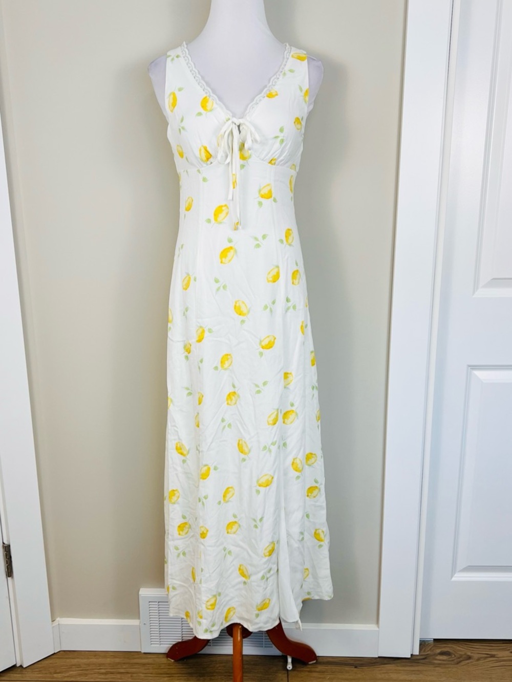 White Linen Blend Maxi Dress with Yellow Lemon Print